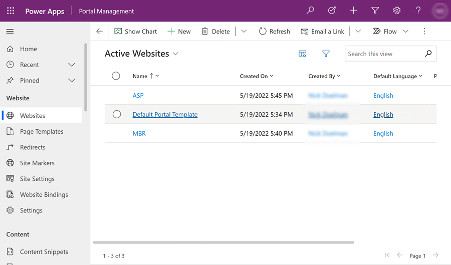 Website records in Portal Management app.